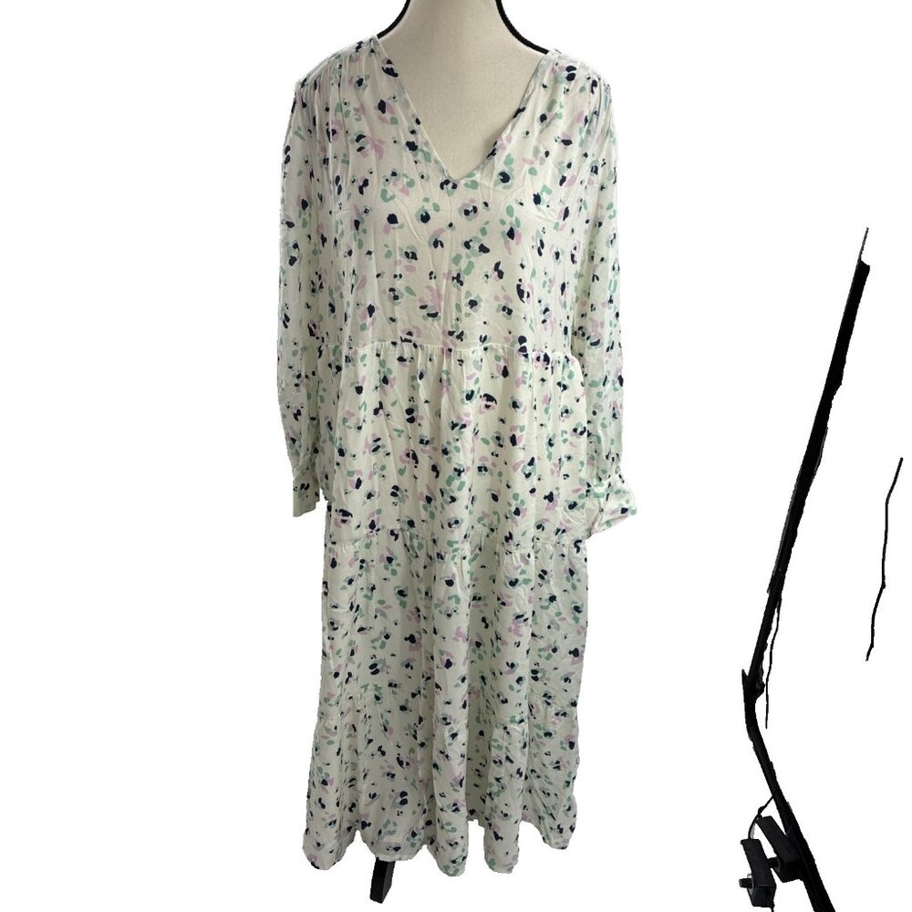 A New Day Womens Size S Midi Dress White Floral Long Sleeve V Neck Casual
